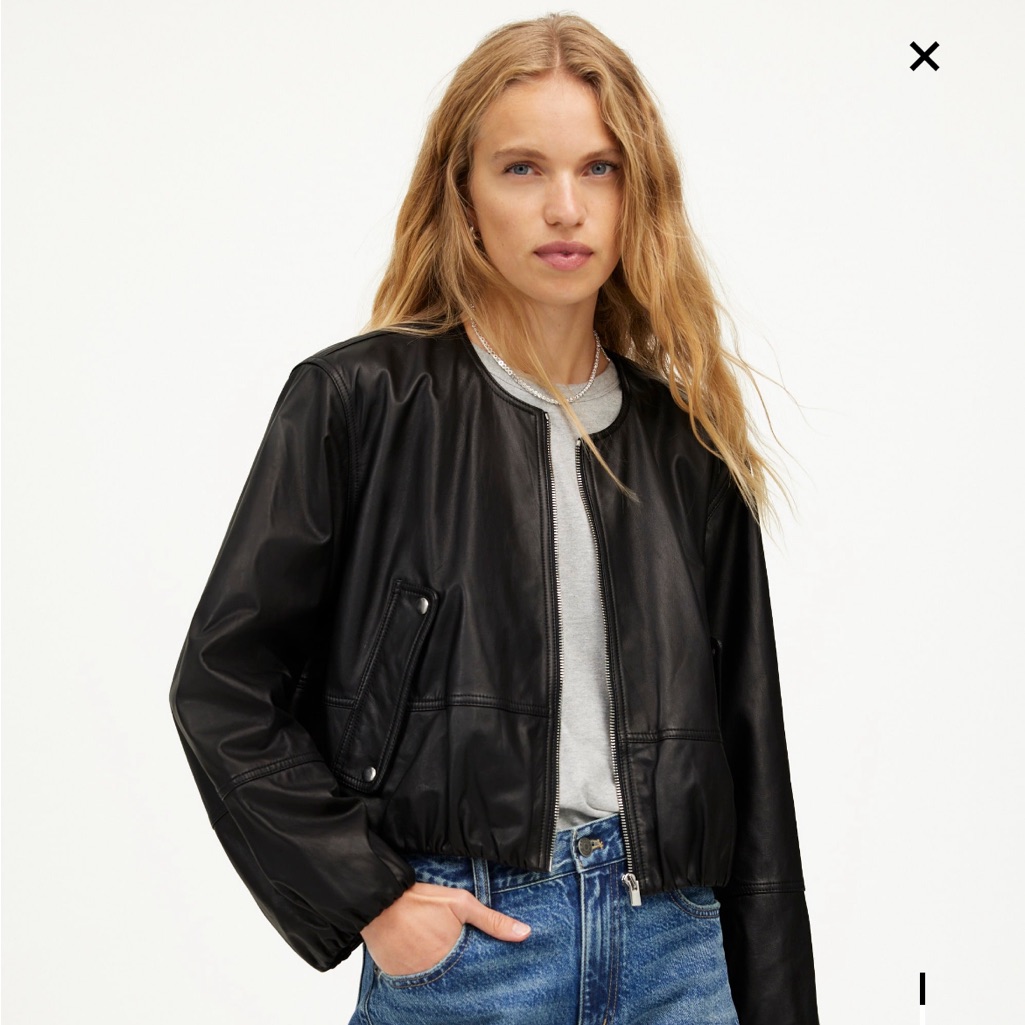 Madewell Black Cropped Leather Bomber Jacket